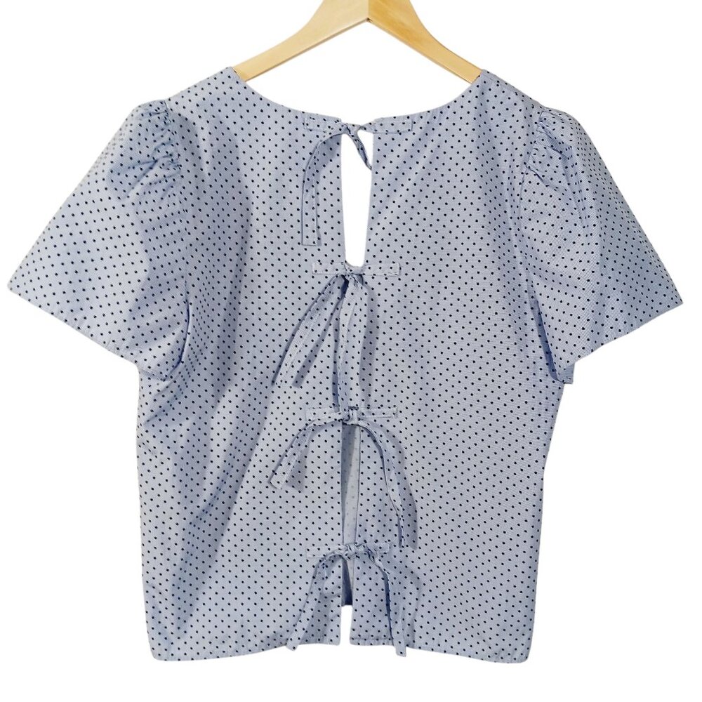 Waverly Grey Anthropologie, MED., Lt. Blue / Navy Polka Dot Top, 4 Ties on Back - Picture 4 of 14